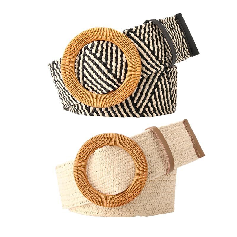 5243 Cotim Coyin Womens 2 Pack Straw Woven Elastic Belts Wide Stretch